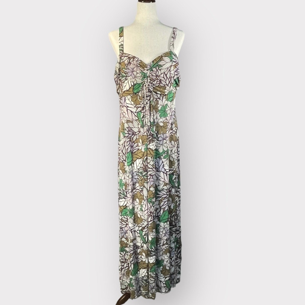 Wallis Floral Maxi Dress Womens 18 Green Botanical Ruched Bust Excellent Boho